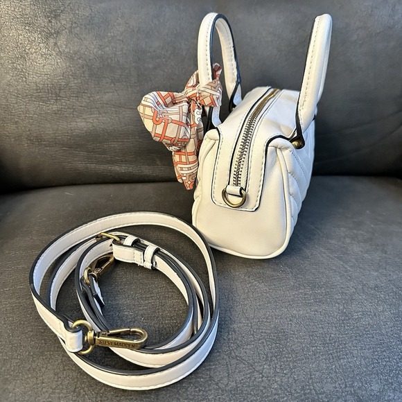 Steve Madden Mini Satchel Bag White Quilted Bow Top Handle Crossbody Purse Hand - Picture 6 of 13